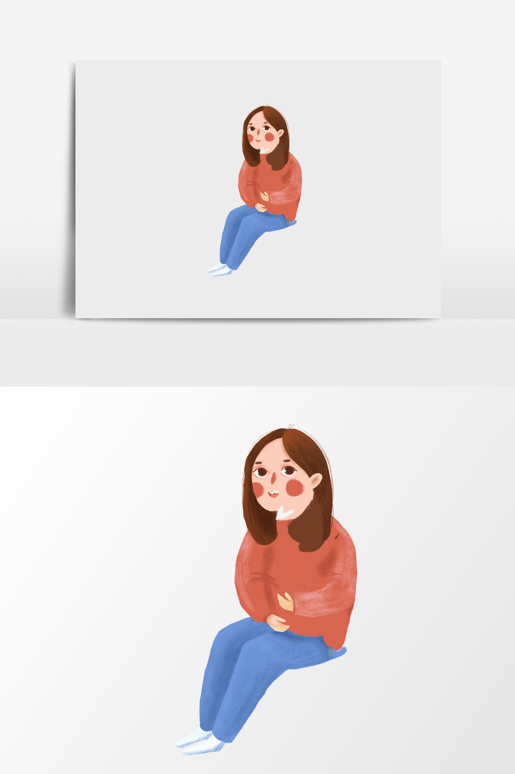 手绘端坐的女人插画元素