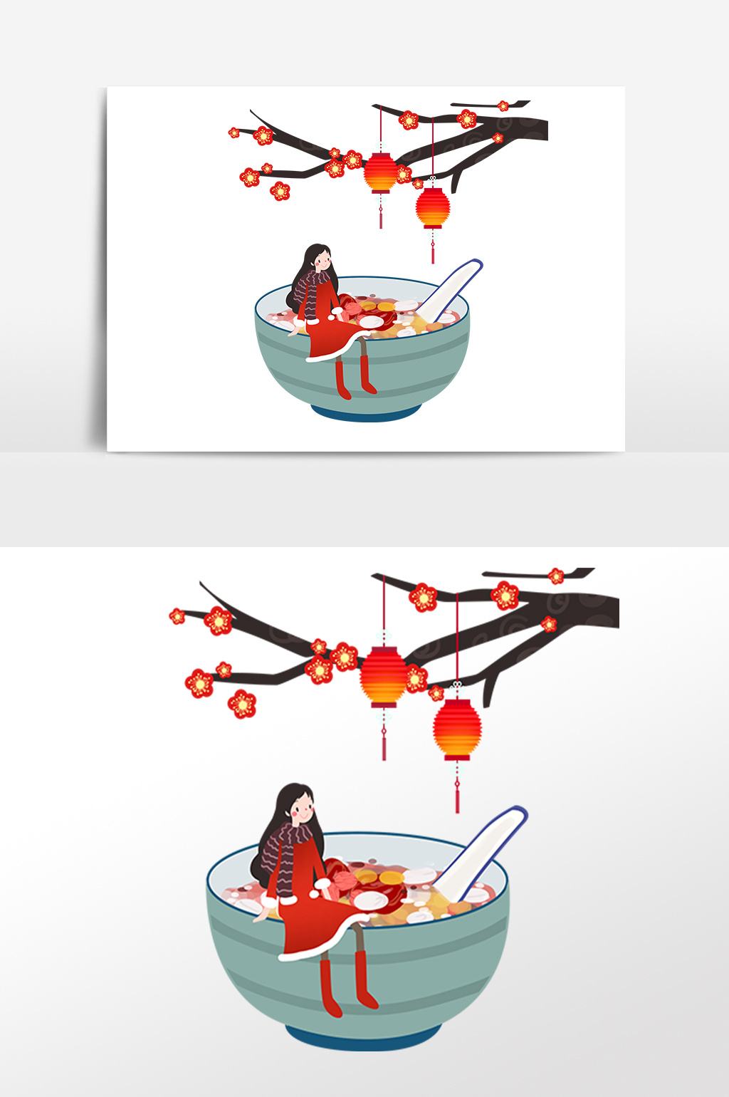 坐在腊八粥碗上小女孩插画
