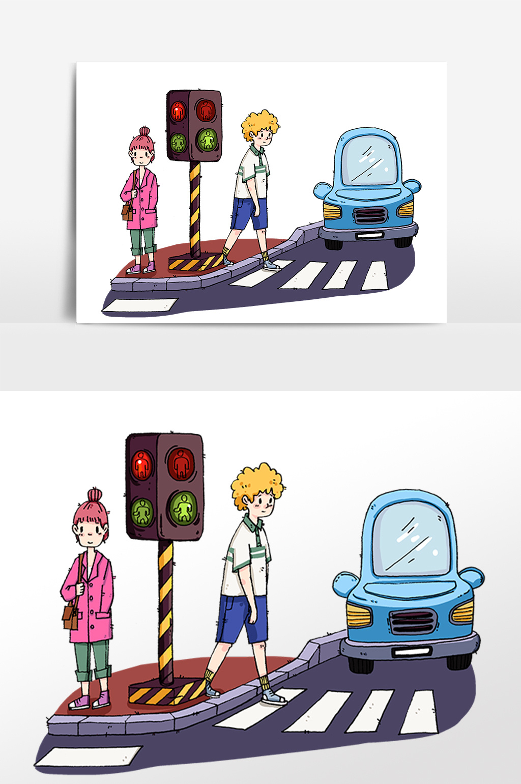 卡通红灯过马路人物