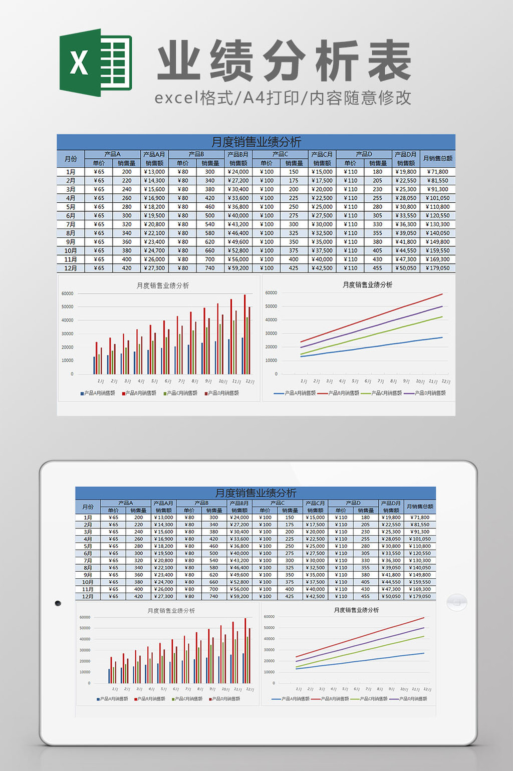 藍白配色月度銷售業績分析表excel模板