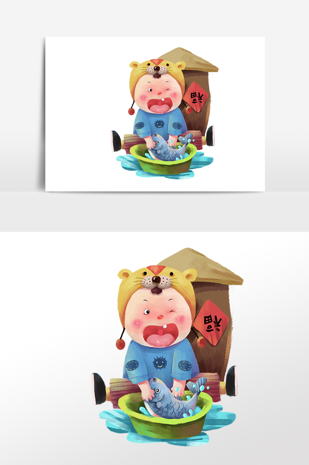 卡通新年杀鱼人物素材