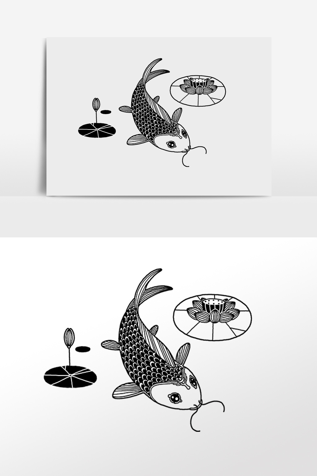 手绘黑色鲤鱼莲花