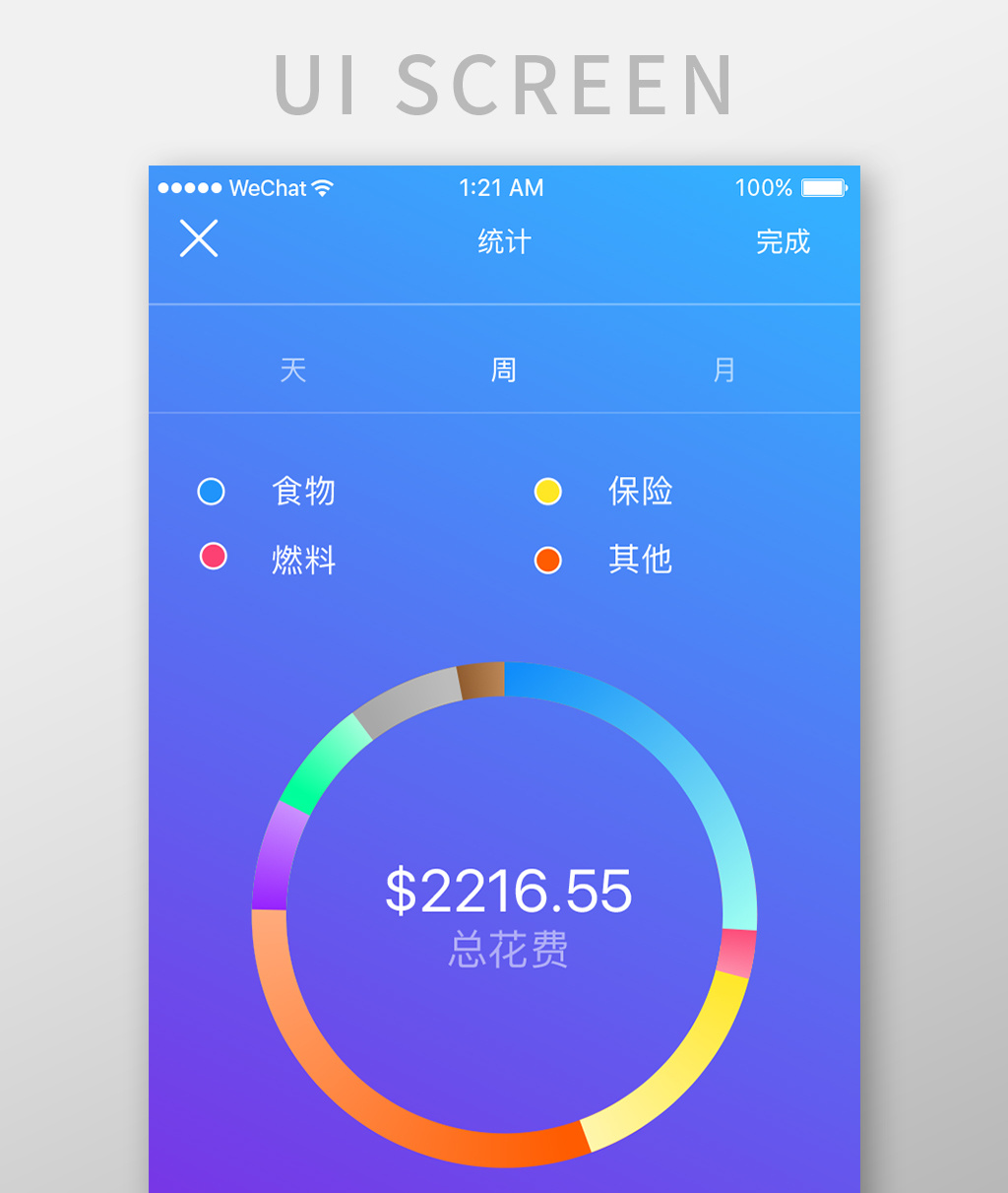 蓝紫色渐变金融app消费统计ui移动界面