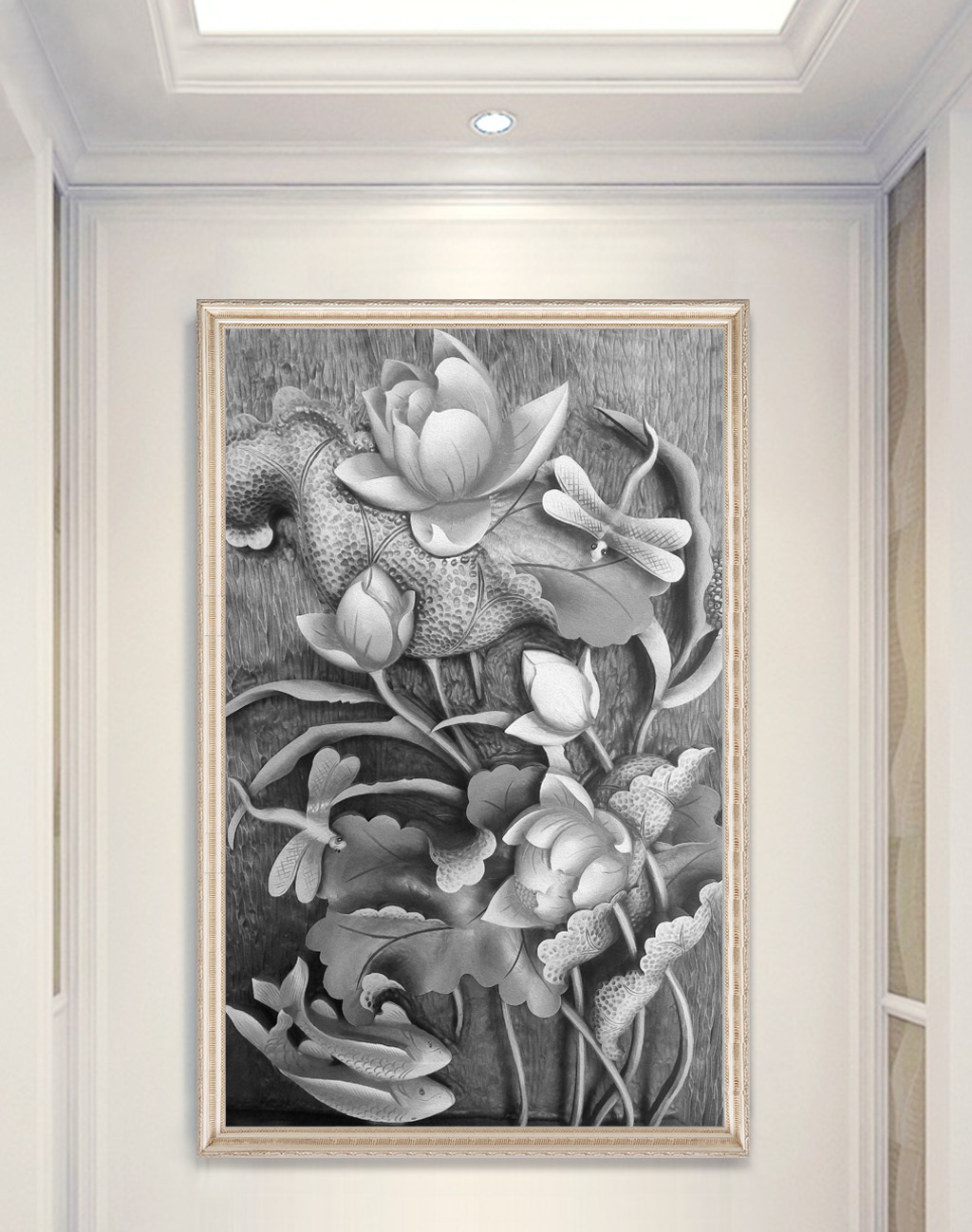 现代唯美浮雕鲤鱼蜻蜓玄关装饰画