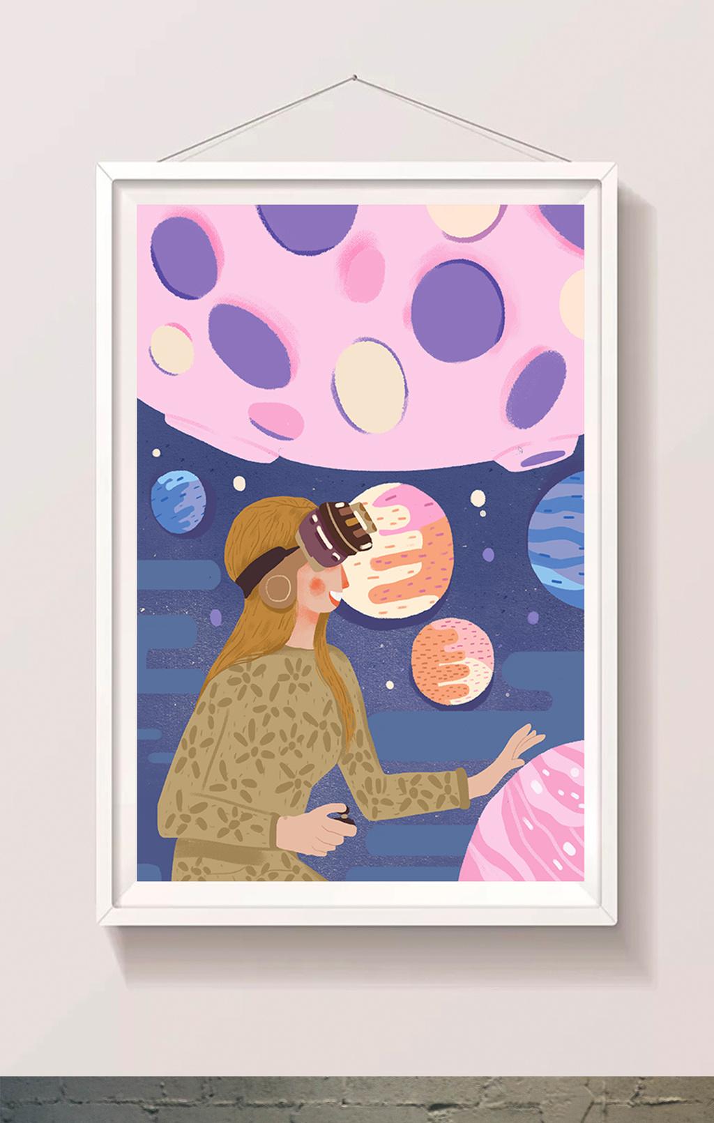 科技vr虚拟世界卡通扁平唯美少女手绘插画