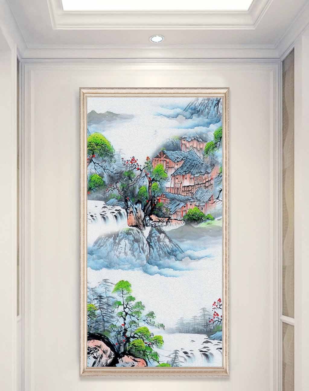 中式唯美手绘山水画房子玄关装饰画