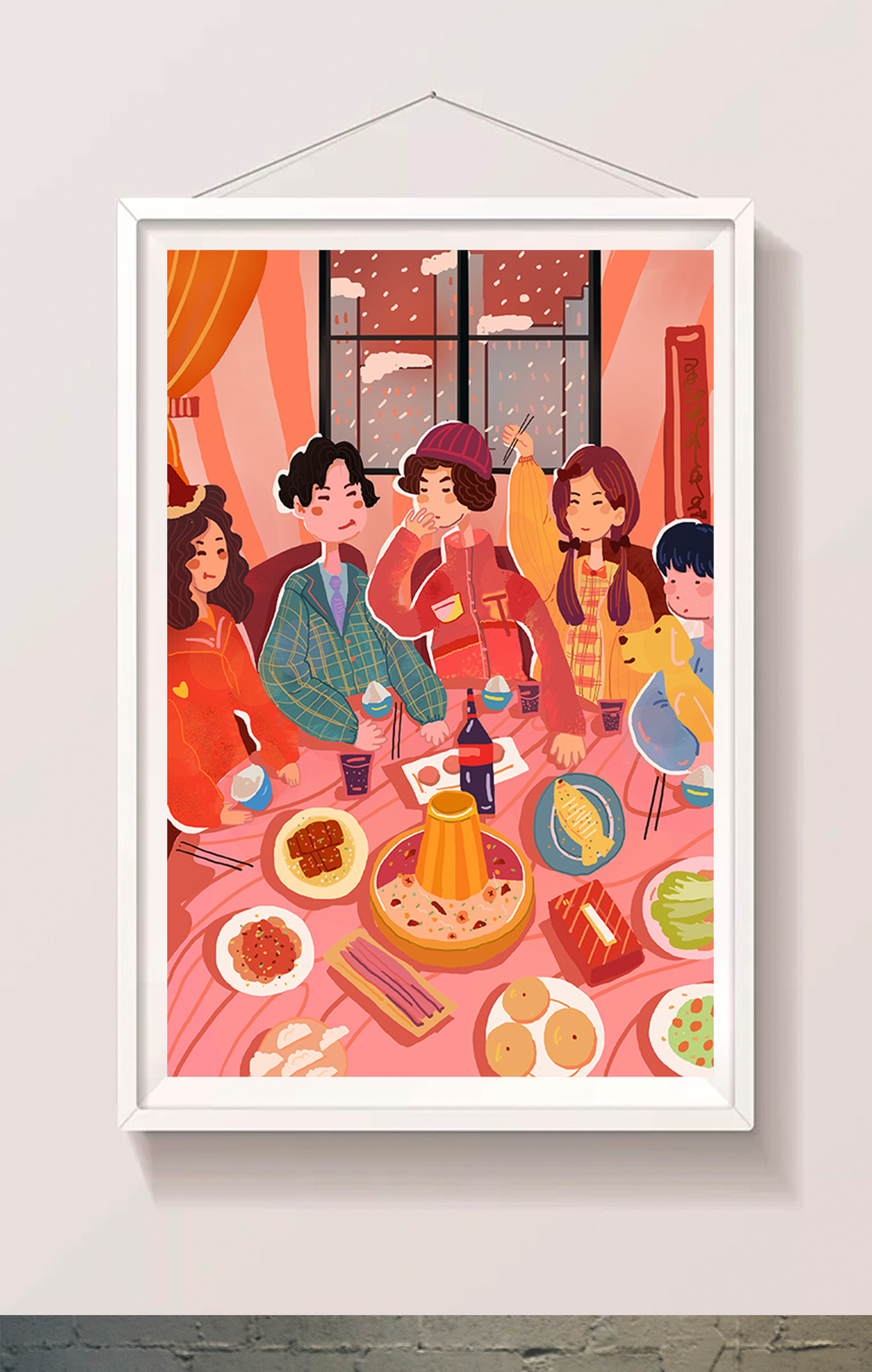 小年红色喜庆家庭团圆美食聚餐卡通唯美插画