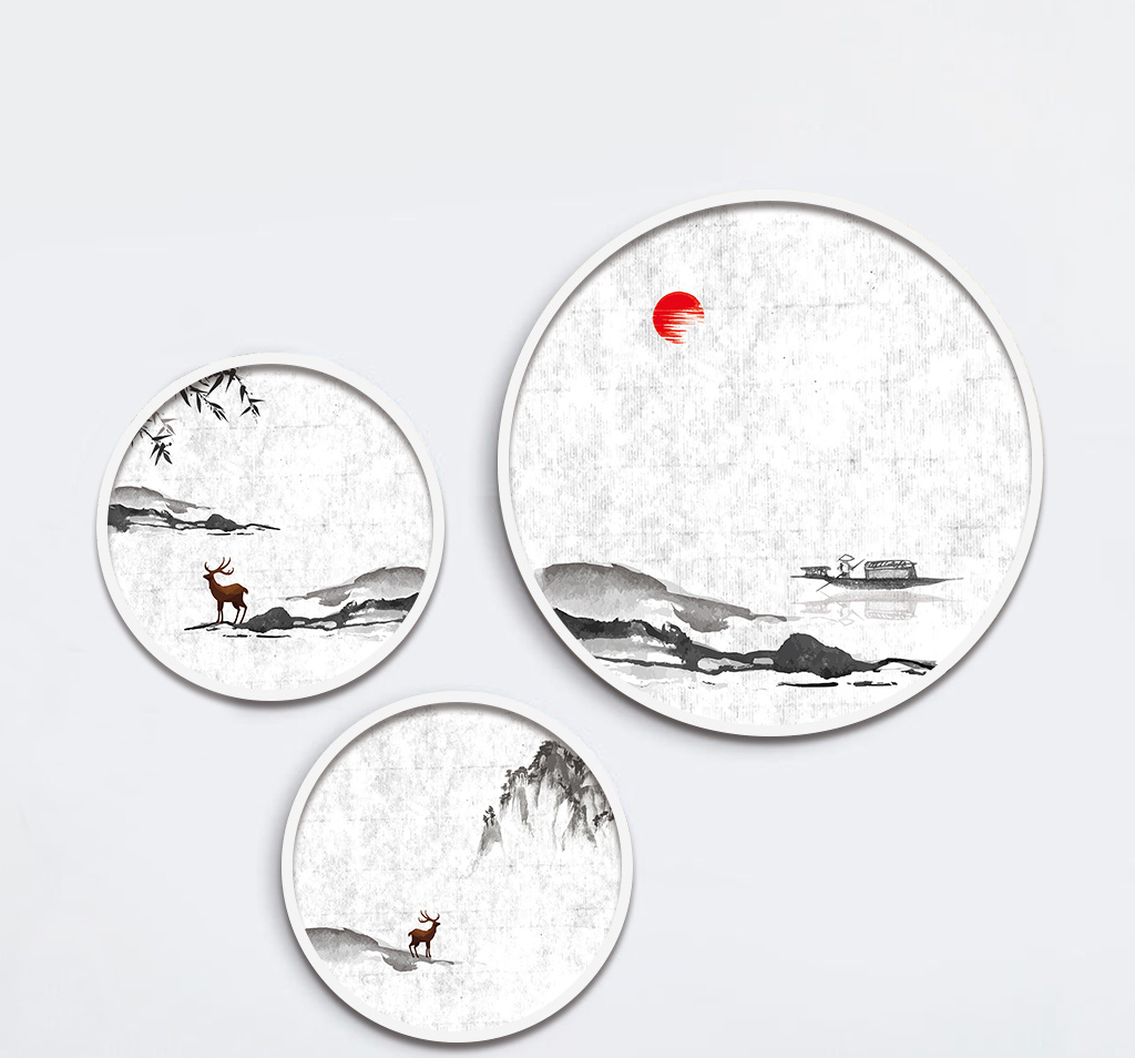 新中式意境水墨山水船圆形三联装饰画