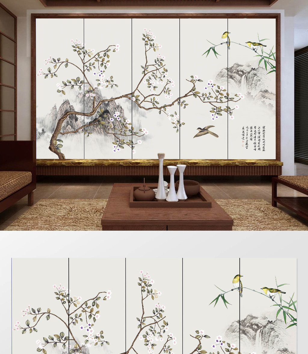 中式工笔手绘花鸟山水植物背景墙