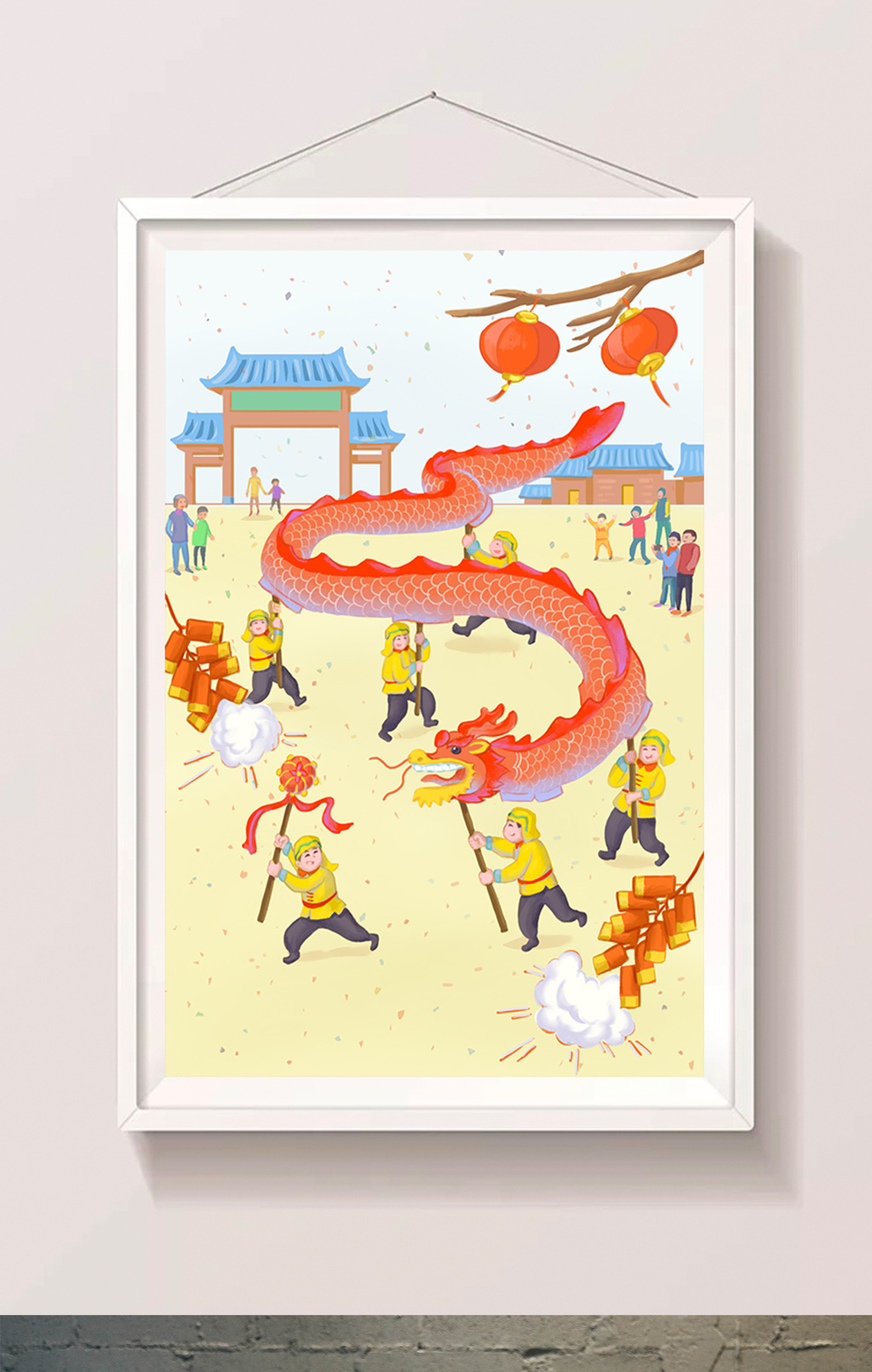 红色喜庆耍龙灯插画
