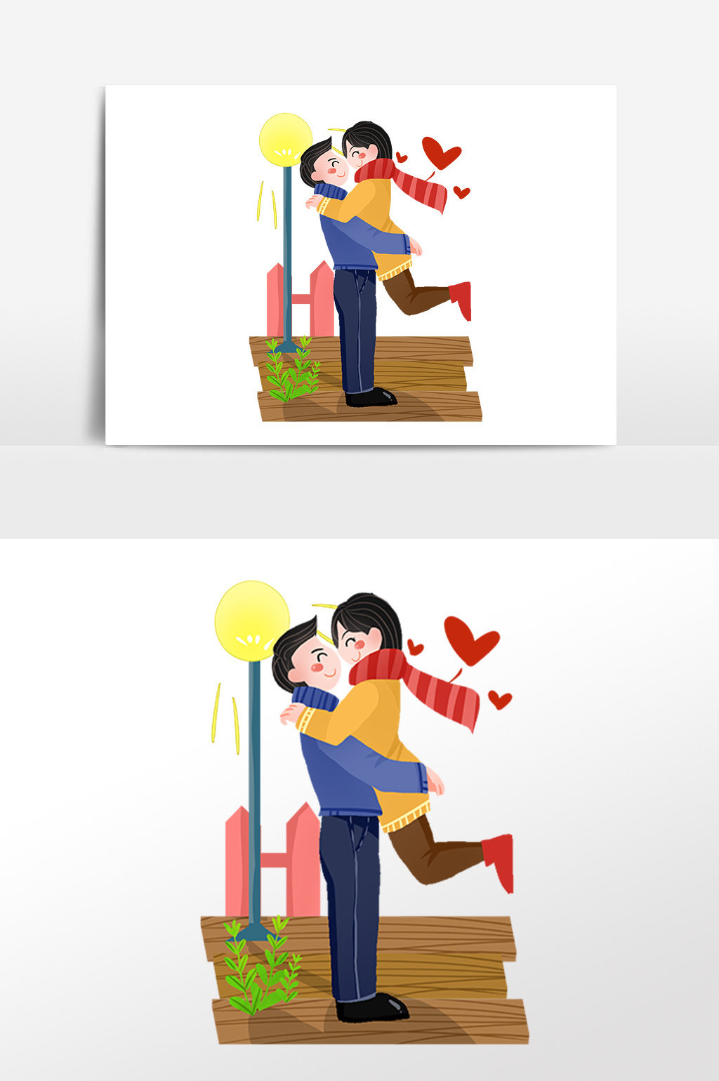 手绘情人节路灯下拥抱的情侣素材