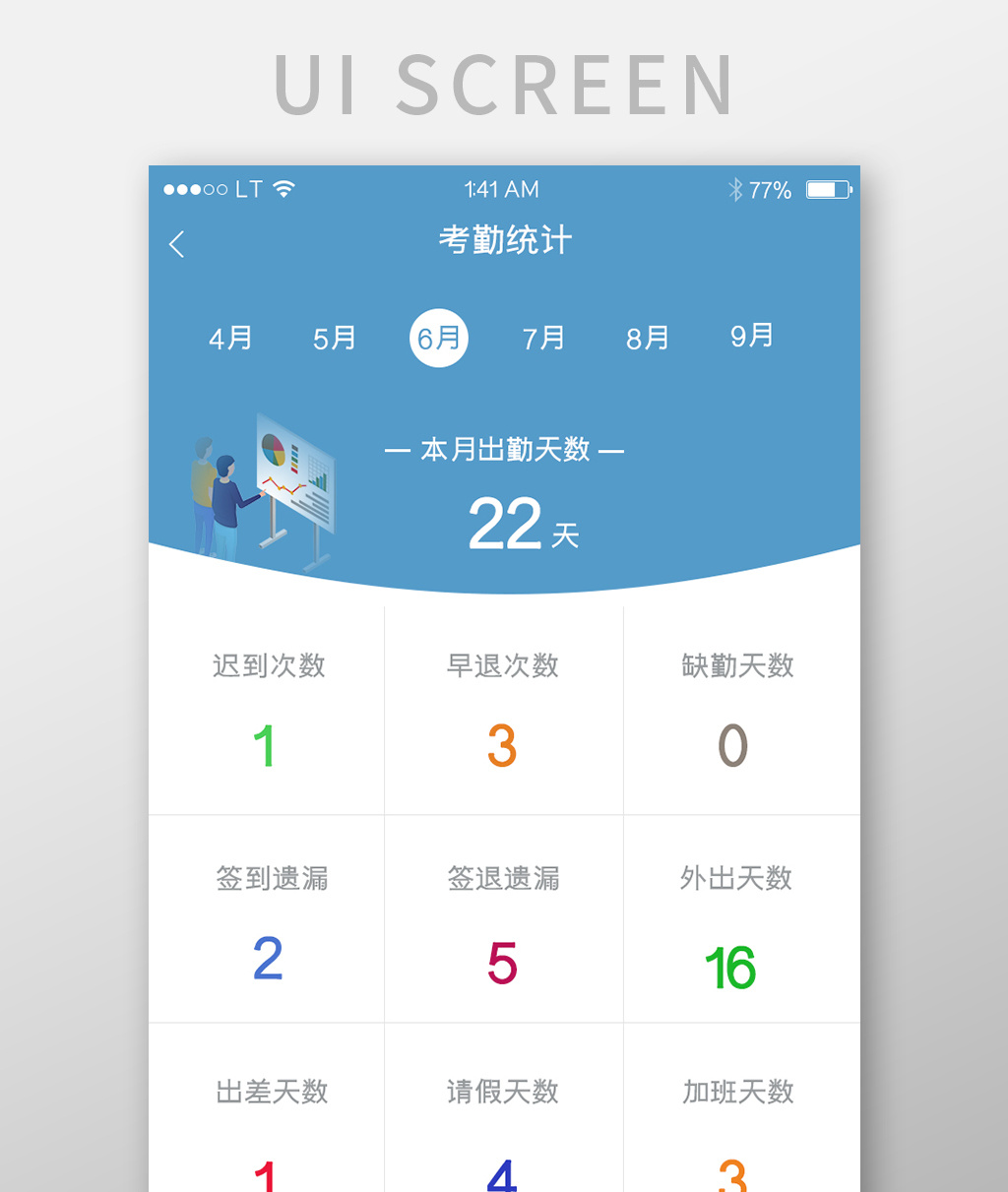 蓝色办公系统办公软件考勤app考勤统计简