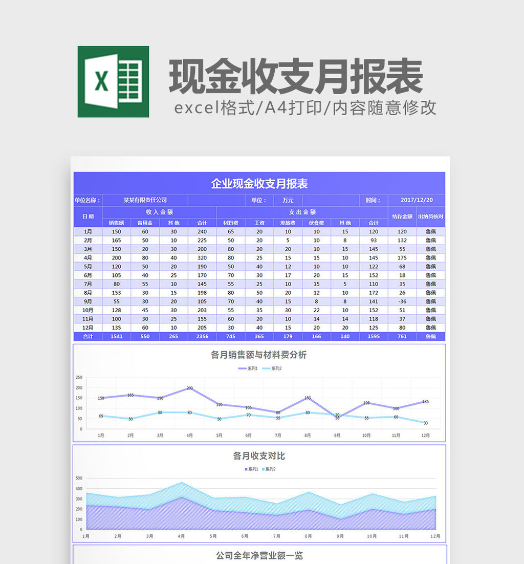 蓝色建业u现金收支月报表excel模板