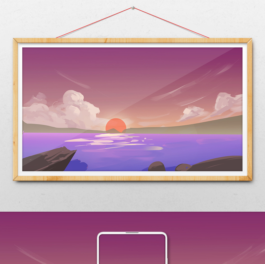 紫色霞光大海白云景色插画