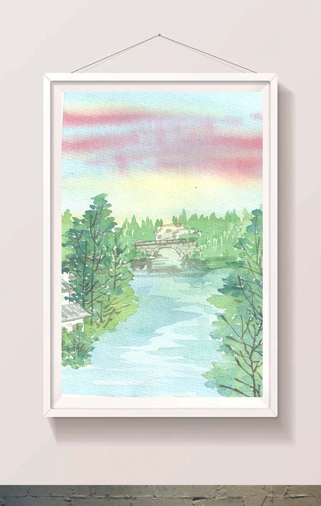 绿色蓝色夏日河流手绘背景风景清新水彩