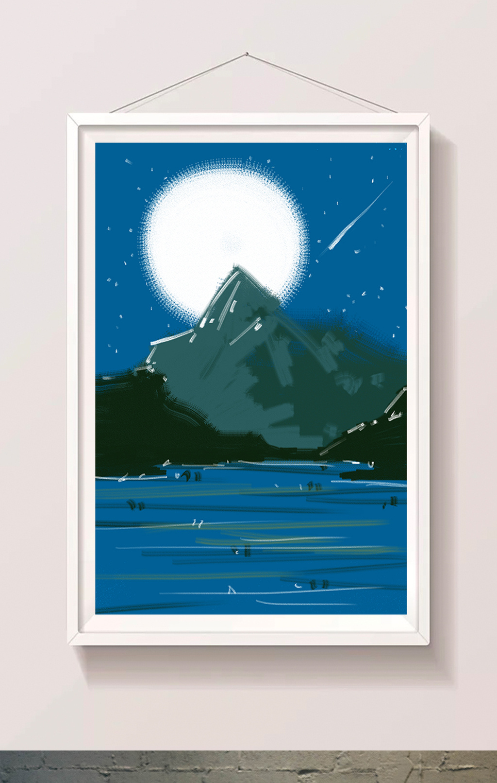 蓝色卡通背景插画夜晚海边手绘背景素材