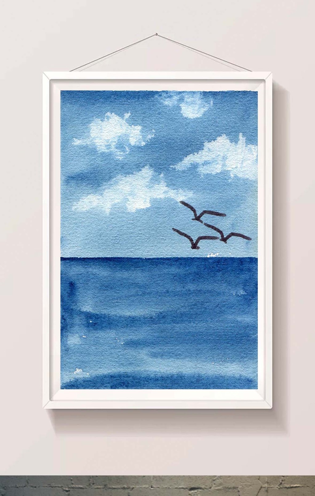 绿色海鸥蓝色夏日素材手绘背景风景清新水彩模板免费下载 _插画图片