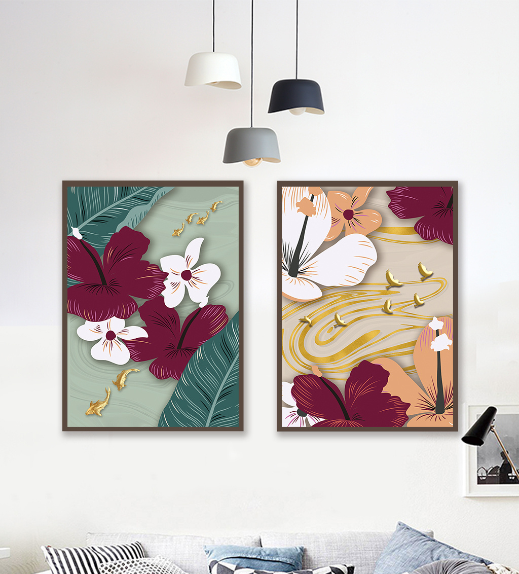 现代简约手绘花卉植物立体金鸟金鱼装饰画