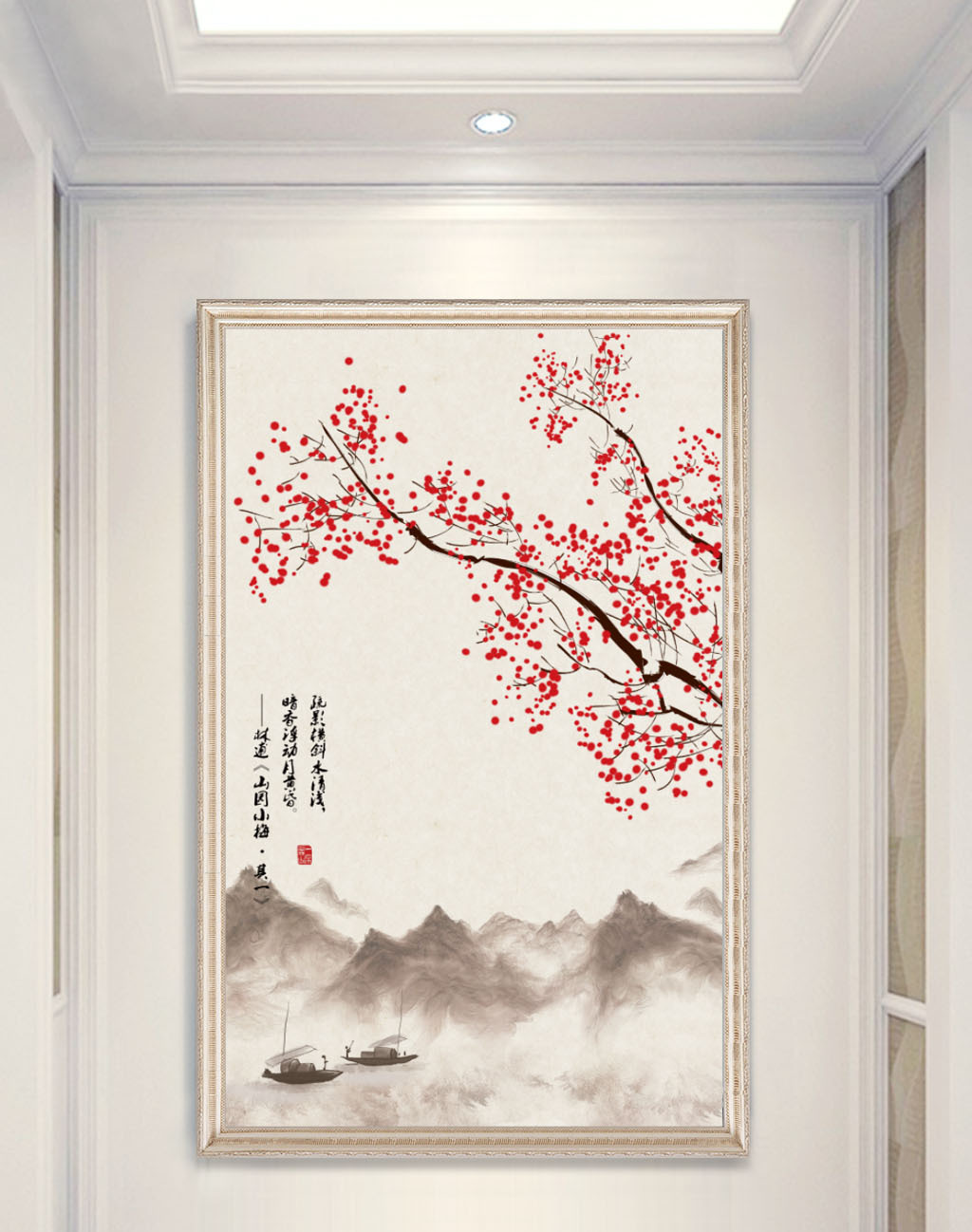 新中式手绘梅花工笔花鸟玄关背景墙装饰画模板免费下载 _装饰装修图片