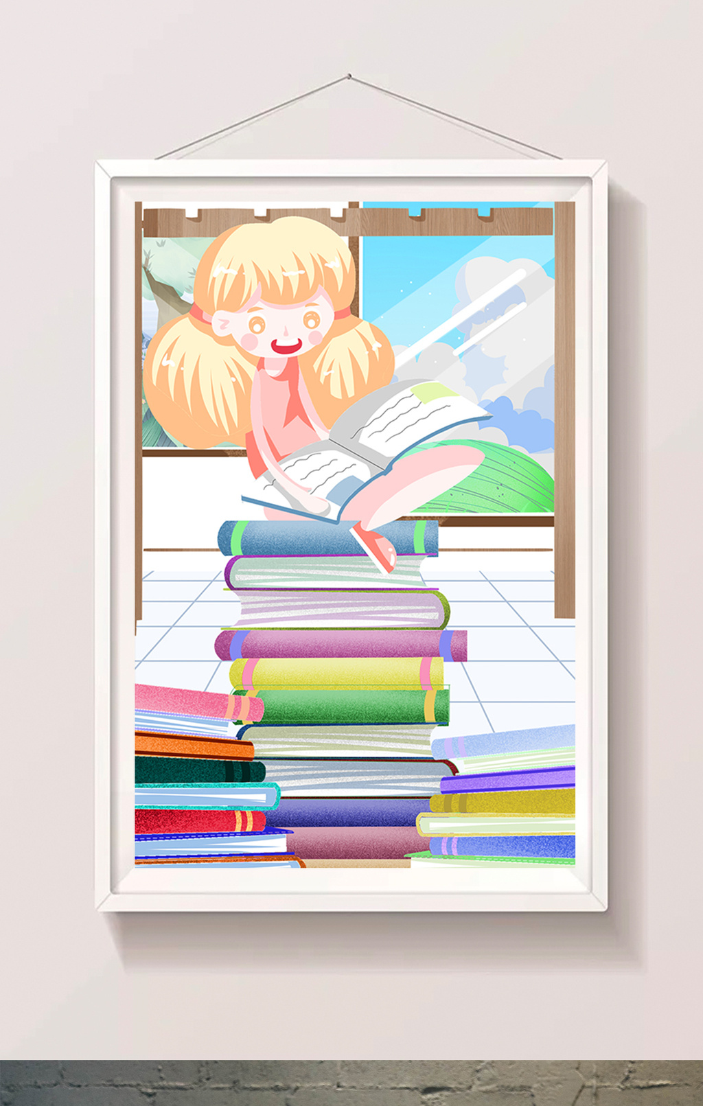 卡通清新暑假假期生活学习看书在家女孩插画