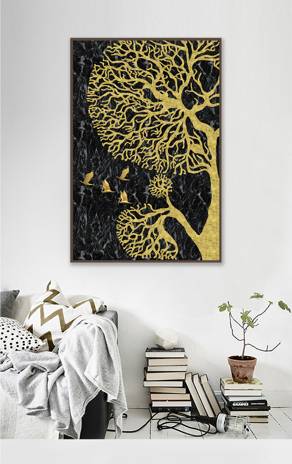 金色大树小鸟装饰画