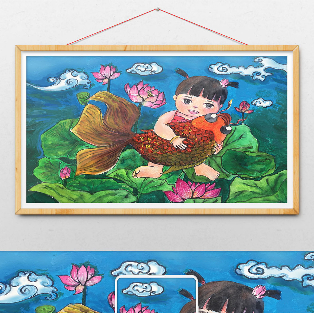 年画风格夏季荷塘女童抱鱼插画