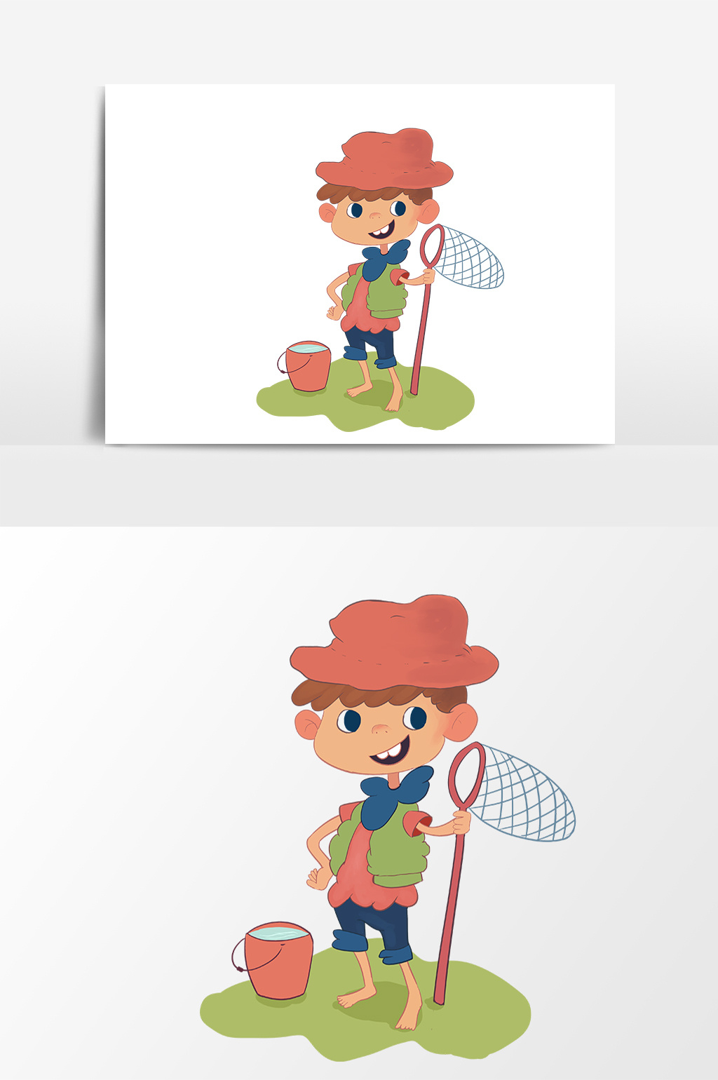 卡通手绘扁平捉鱼元素图案素材