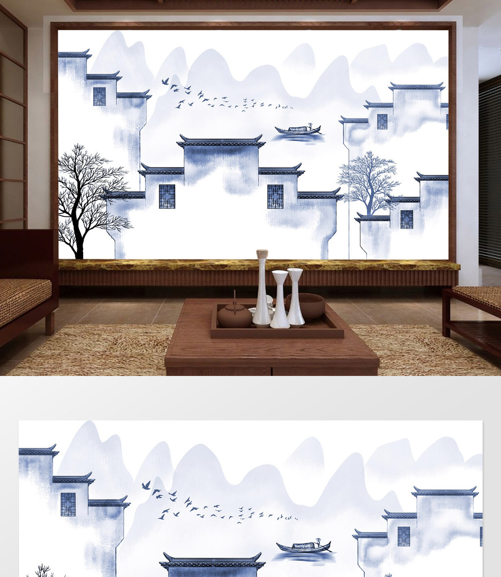 新中式手绘徽派建筑江南山水画背景墙