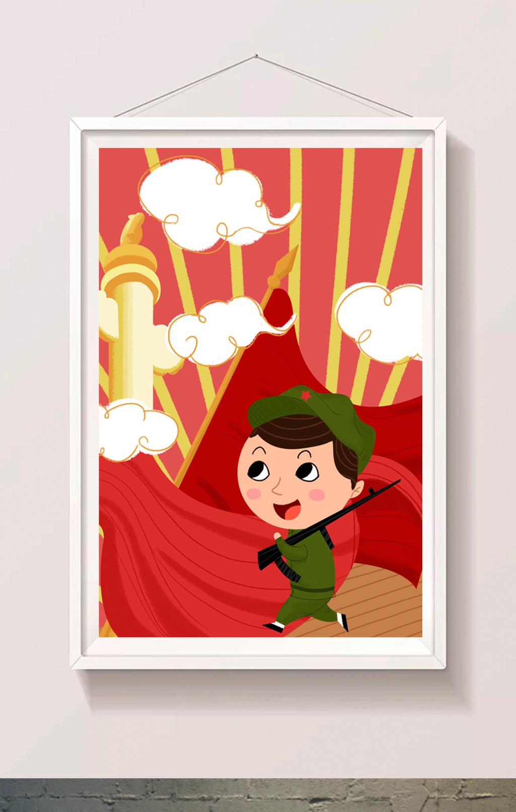 红色军人扛着武器走在国旗下八一建军节插画