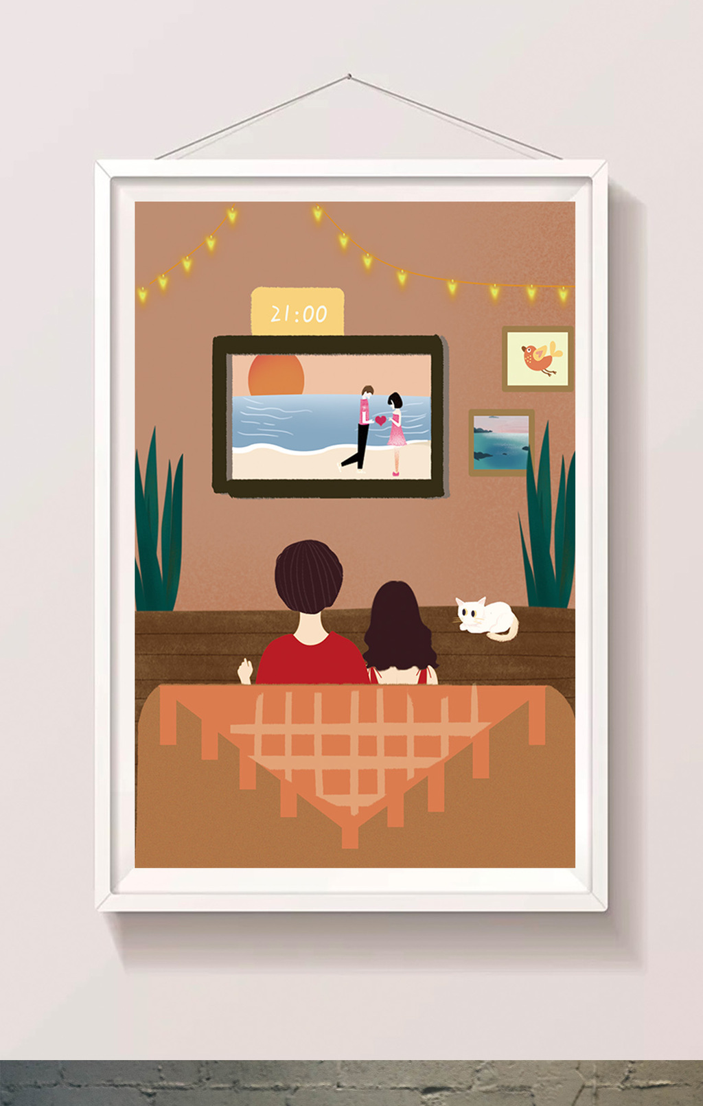 温馨情侣情人节浪漫小屋唯美插画