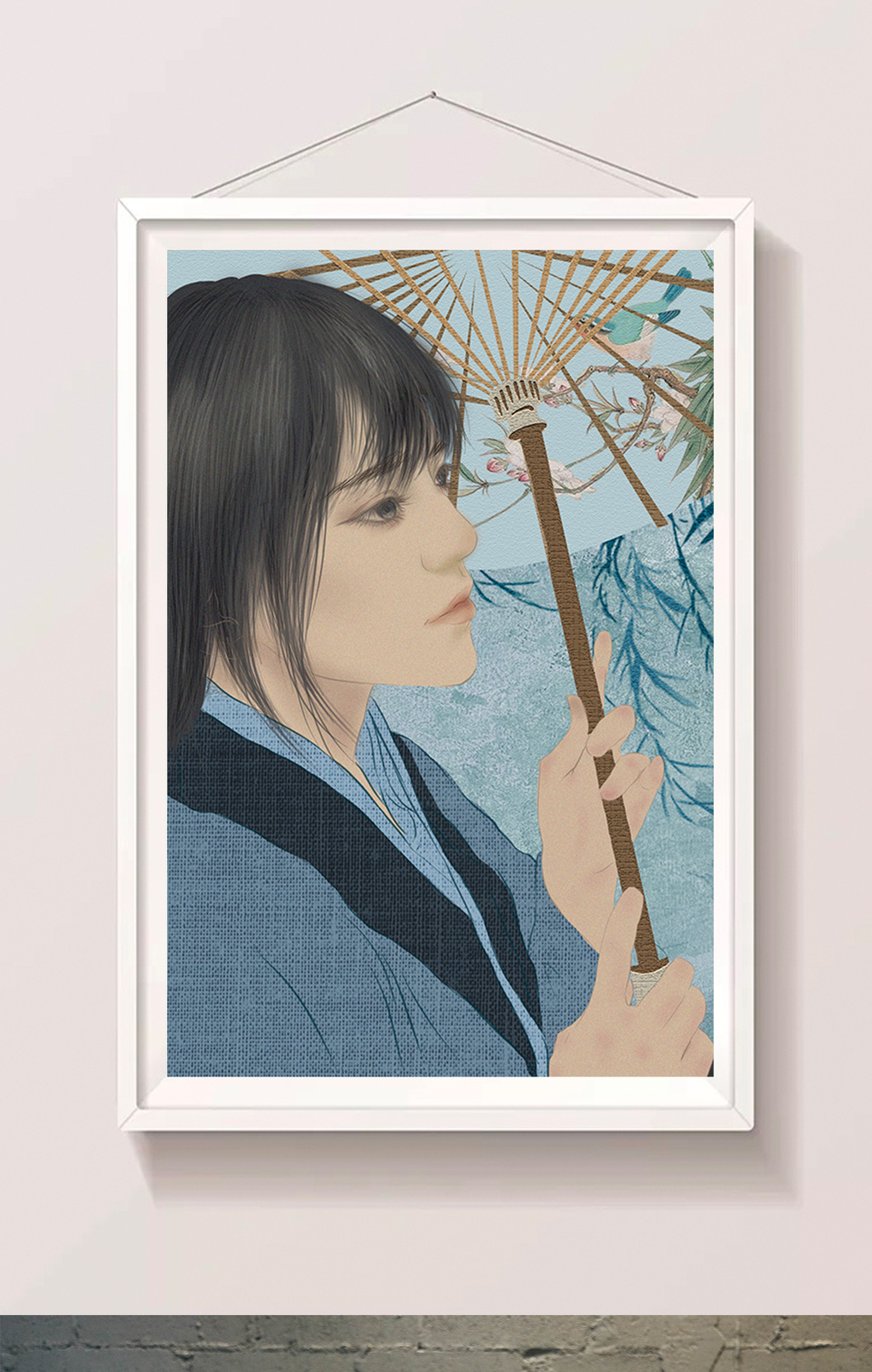 清新古典美人撑伞插画