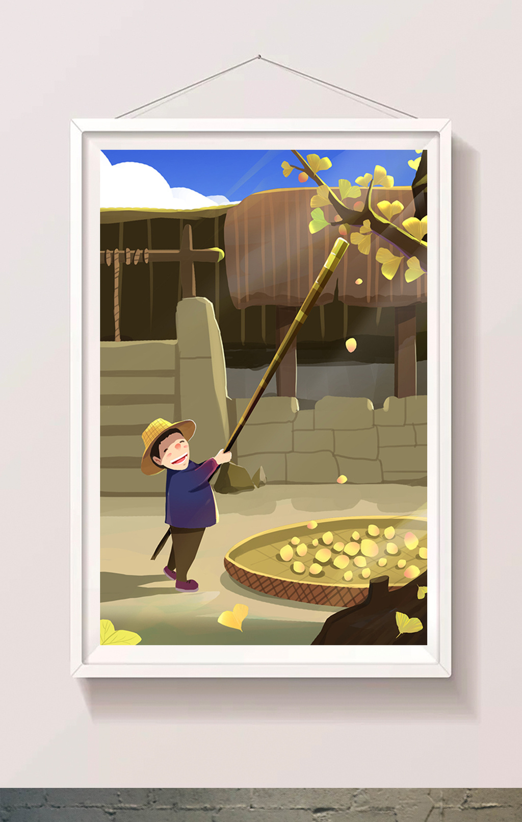 温馨黄色成熟的银杏农户土墙斗笠屋立秋插画