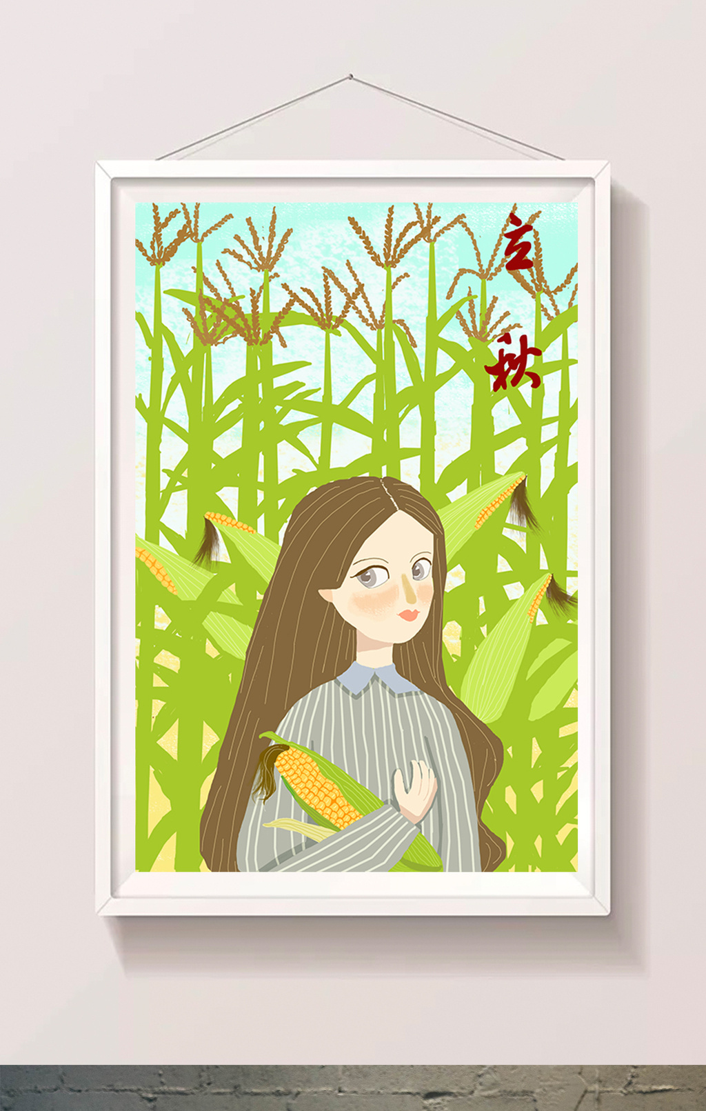 绿色唯美清新立秋玉米田的少女插画装饰画