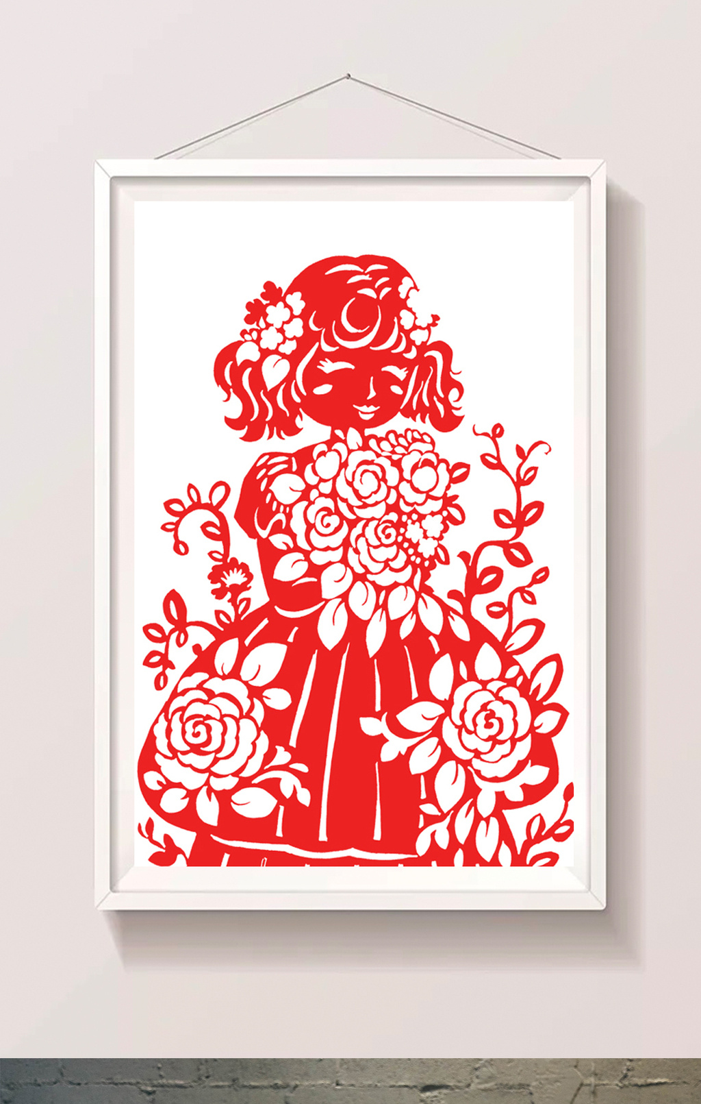 红色中国风女孩捧花剪纸插画