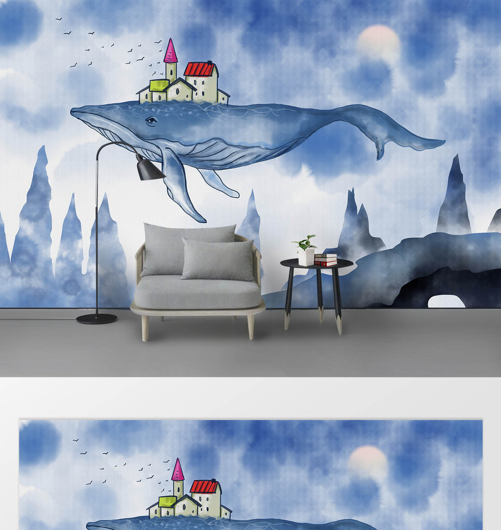 现代手绘抽象鲸鱼客厅背景墙壁画.