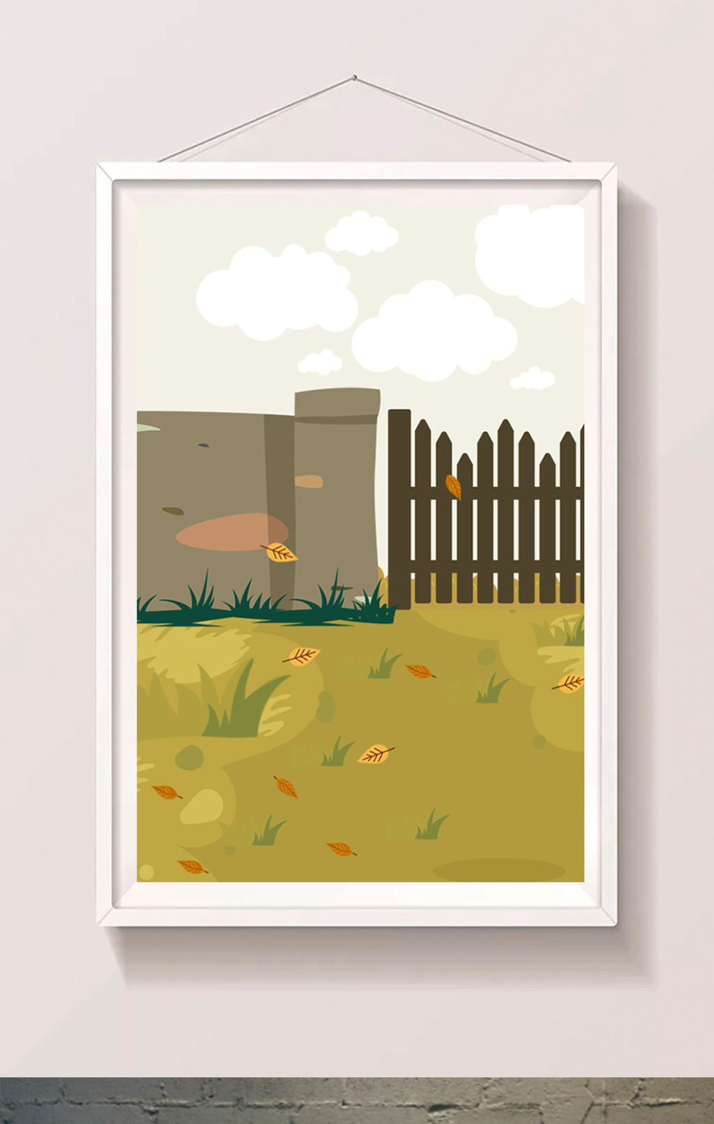 手绘卡通农村土墙栅栏草地