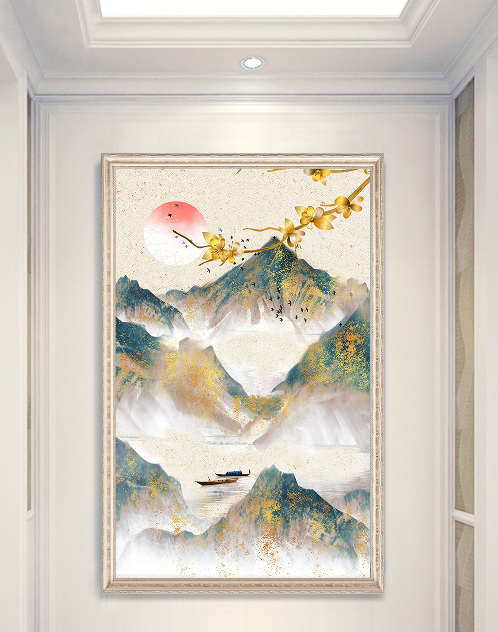 新中式现代山水手绘玄关装饰画