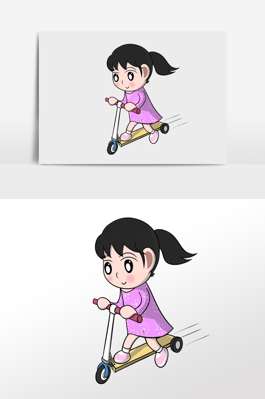 卡通小女孩玩滑板車插畫元素