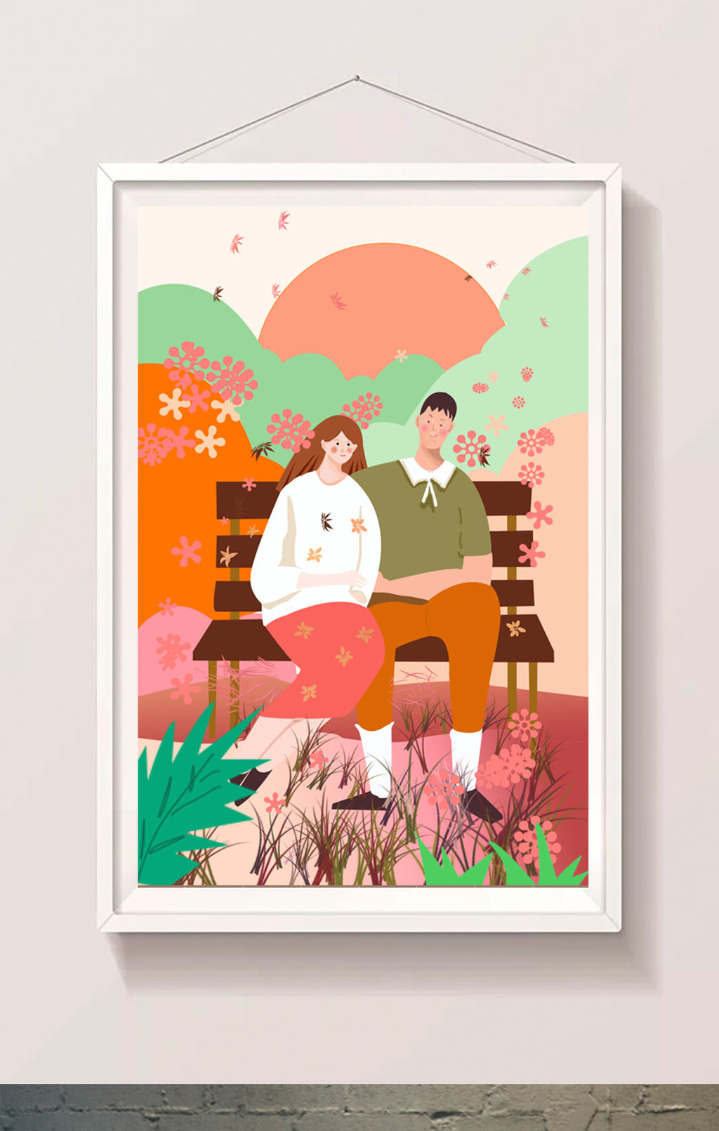 暖色情侣坐在公园椅子上的七夕情人节插画