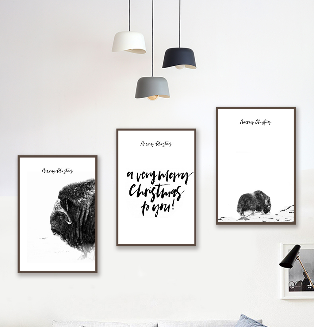 北欧简约牦牛英文黑白素材装饰画墙素材