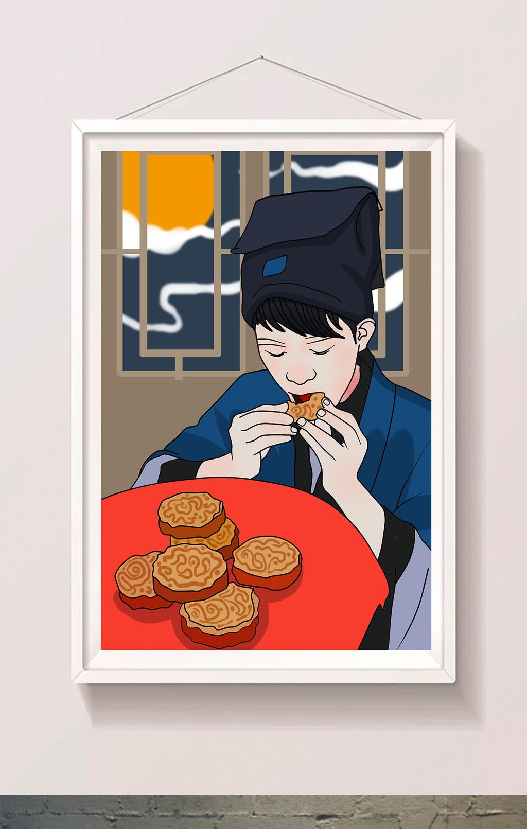 节日节气中秋节古代吃月饼中国风插画