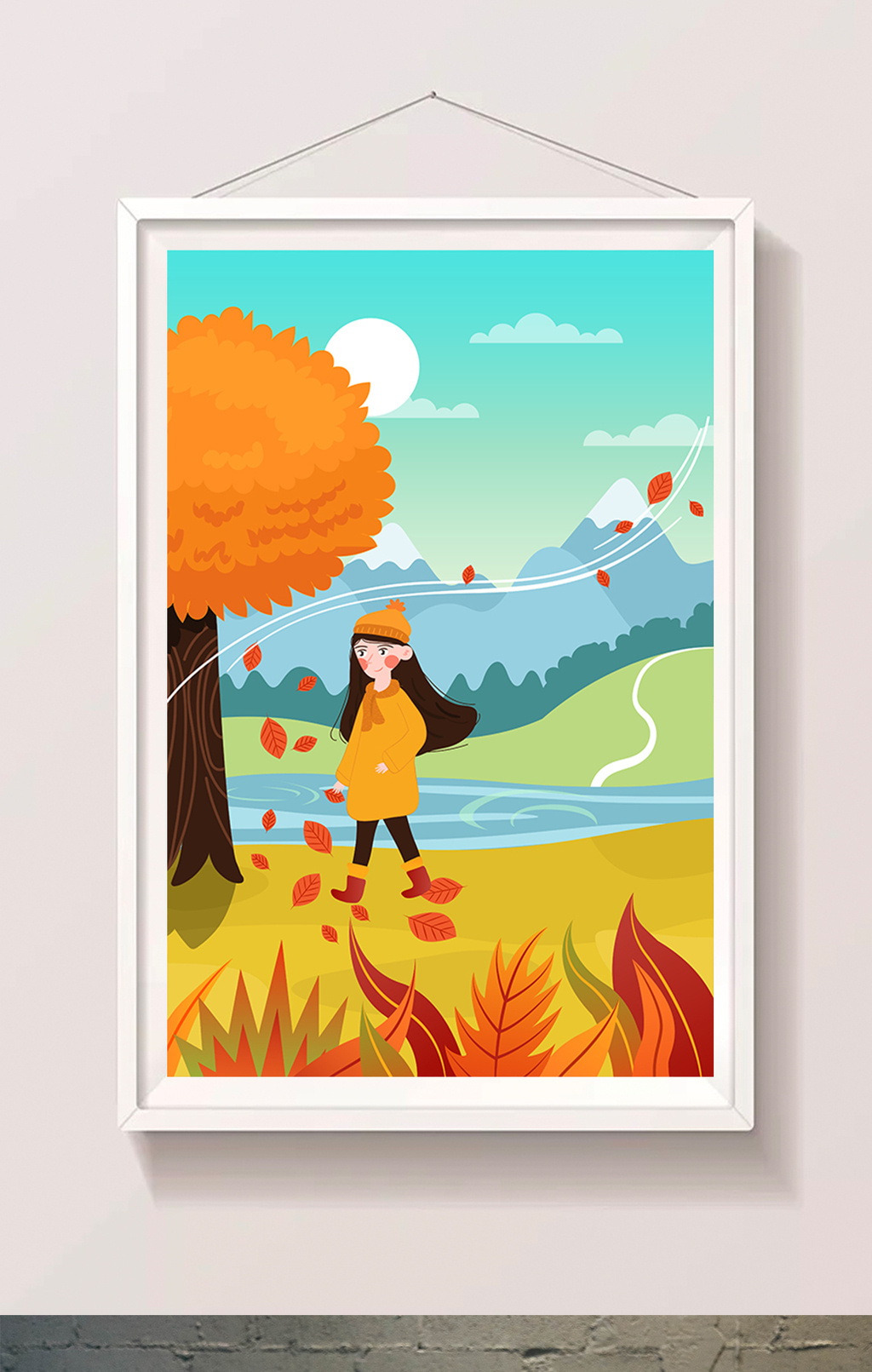 卡通清新秋季秋天小女孩秋分风景插画