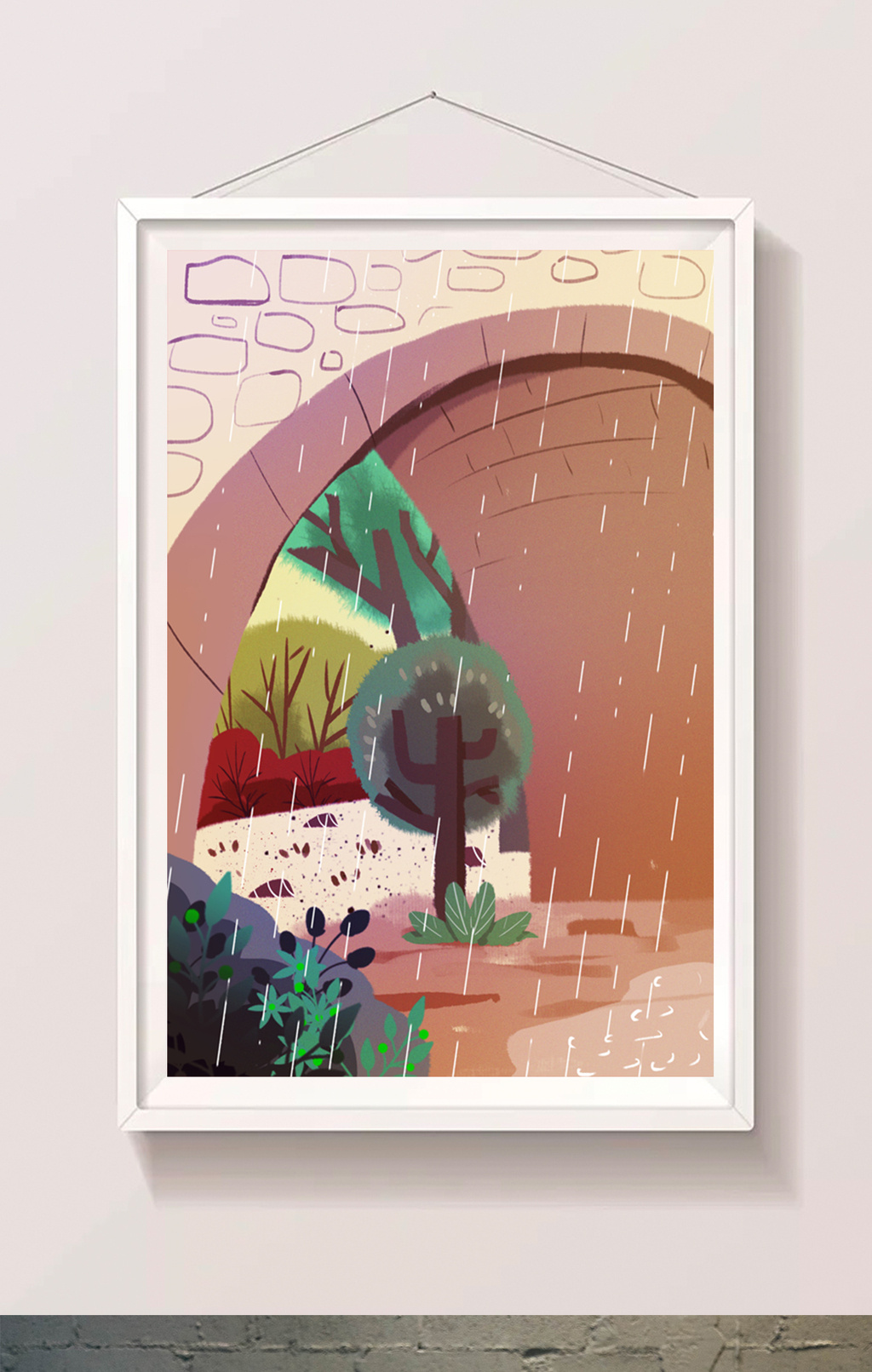 下雨的桥洞插画背景