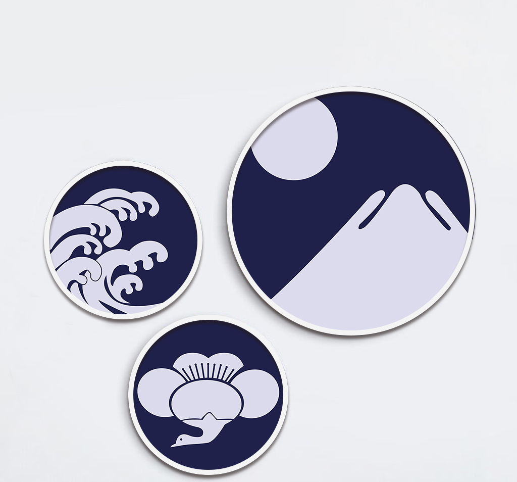 简约蓝色海洋几何插画三联圆形装饰画