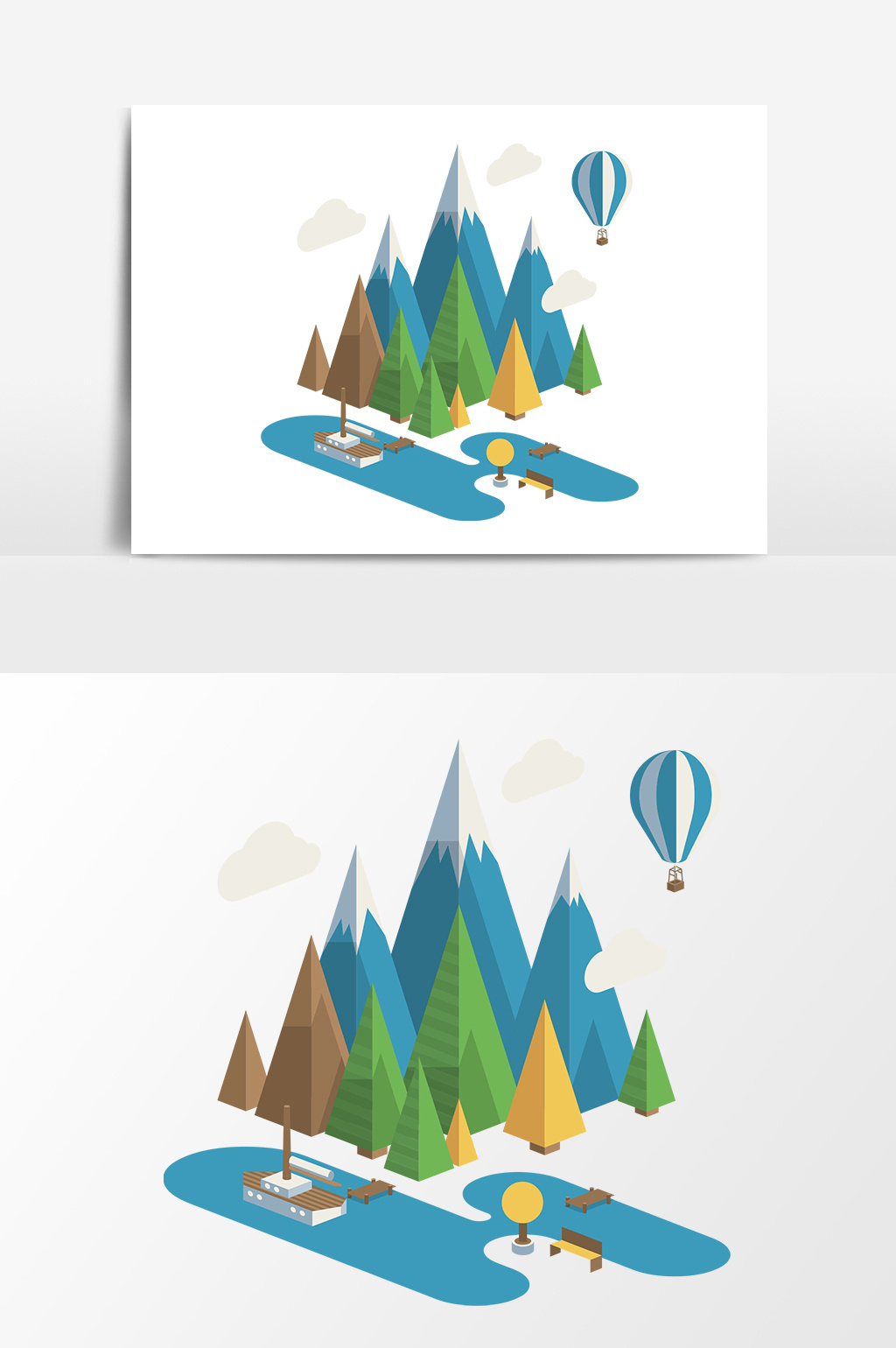 手绘卡通扁平化园林树木风景插画素材