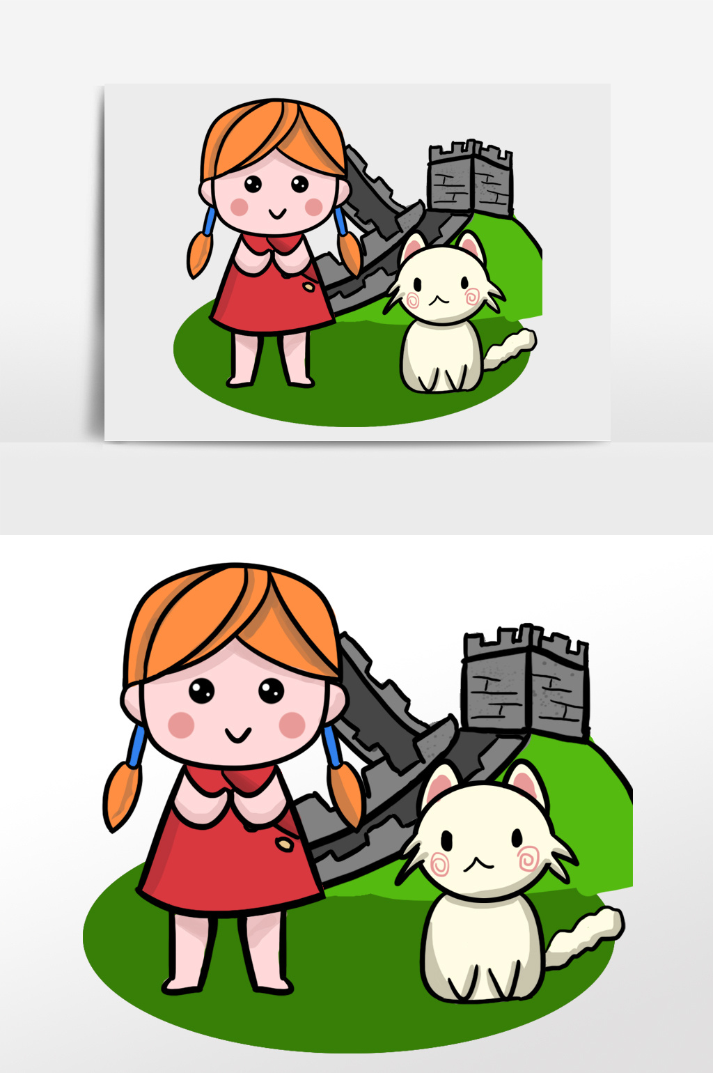红色手绘小女孩长城插画 上传时间2018-08-24 16:20:13 肖像权人物