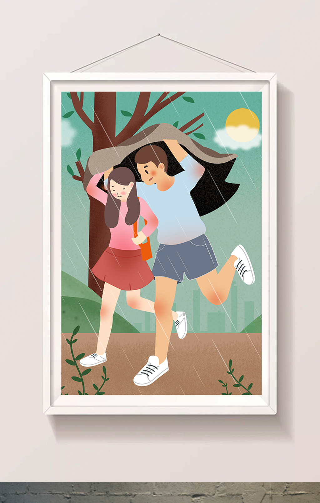 清新绿情侣中秋雨天快跑雨中恋爱插画