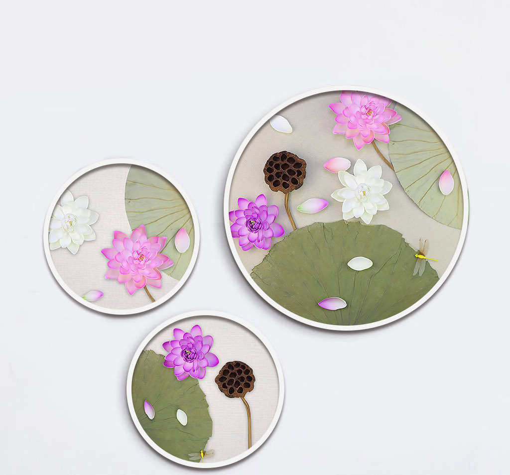 新中式立体荷花莲蓬圆形装饰画