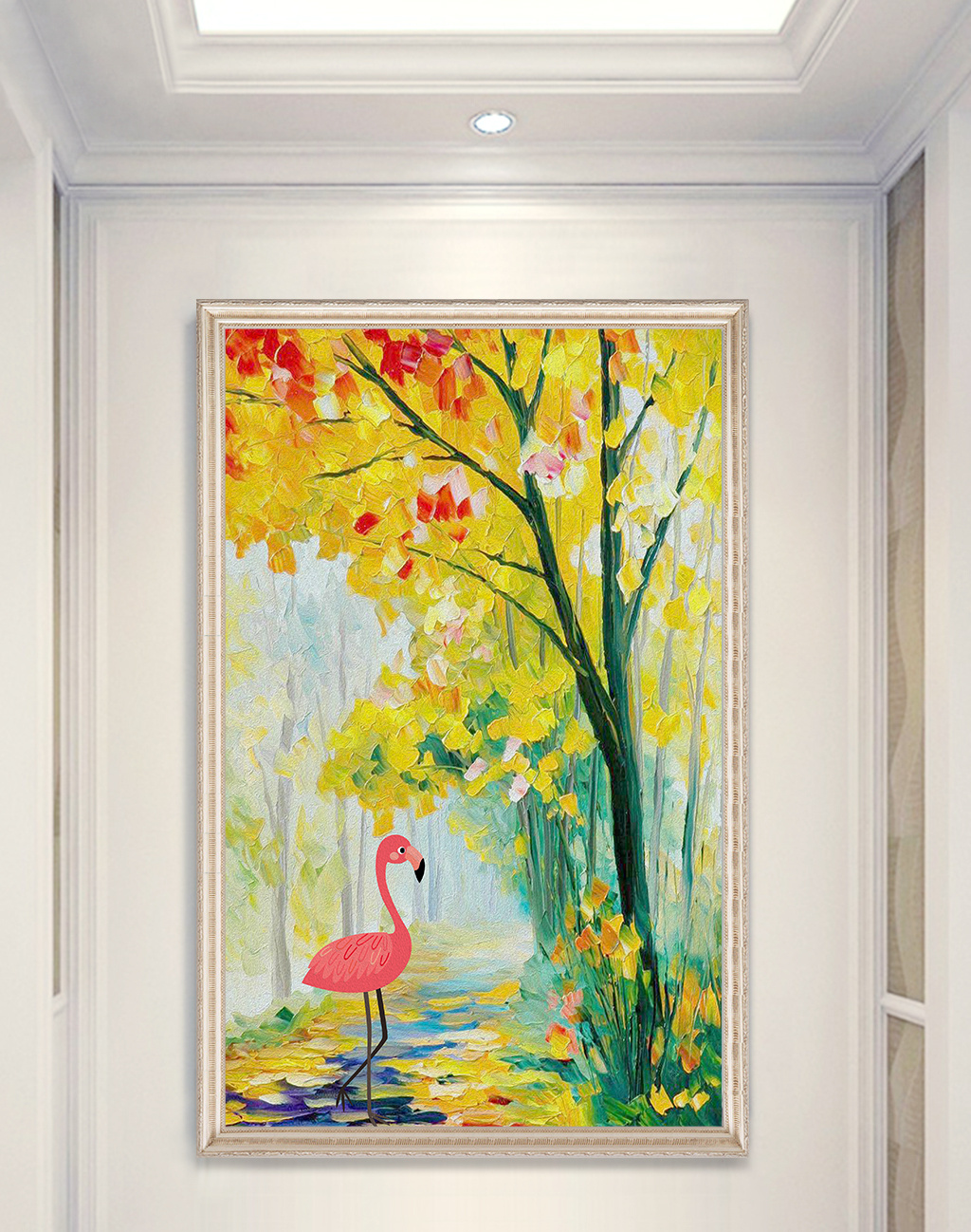 现代手绘创意油画树林鹤玄关装饰画