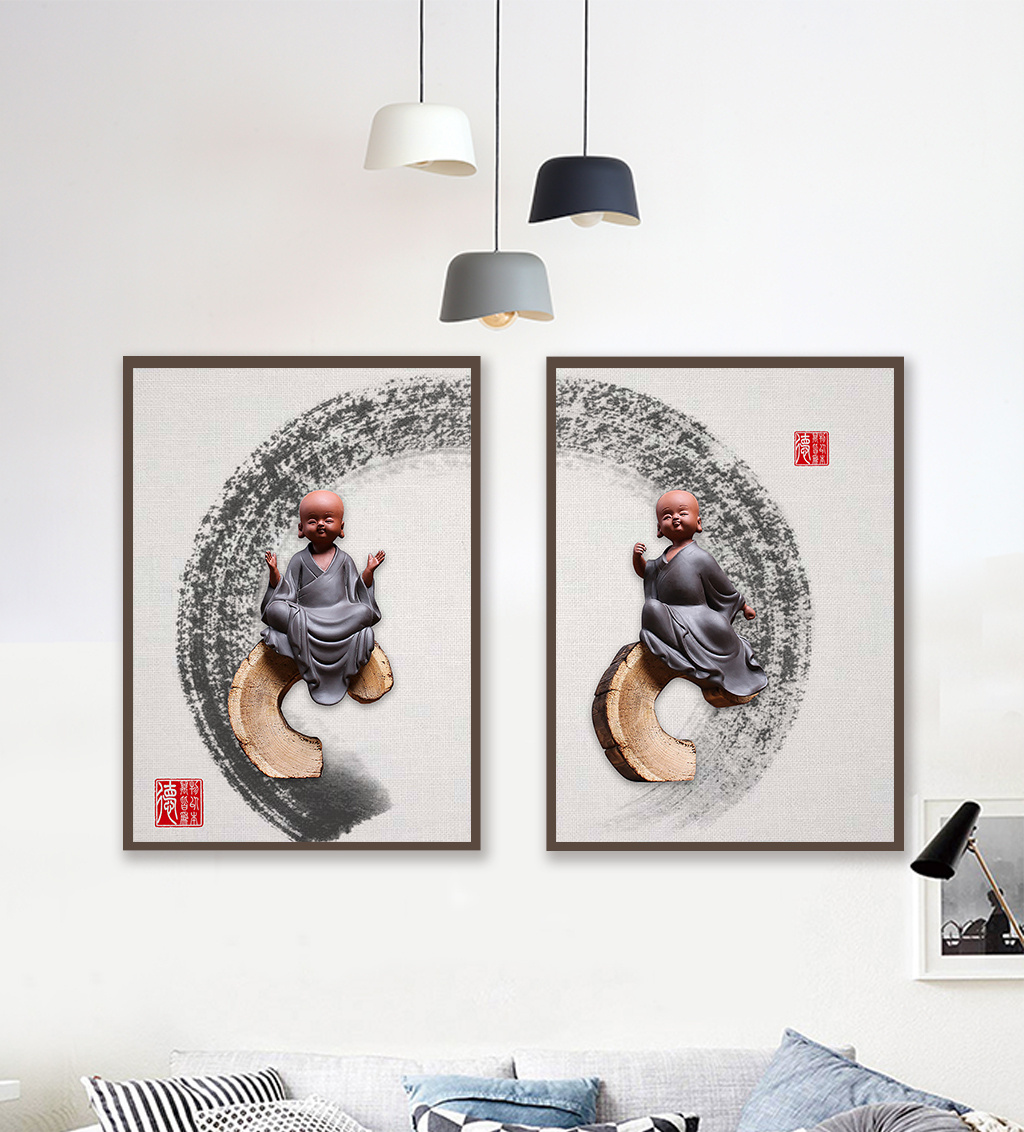 新中式水墨禅意立体小和尚实物装饰画